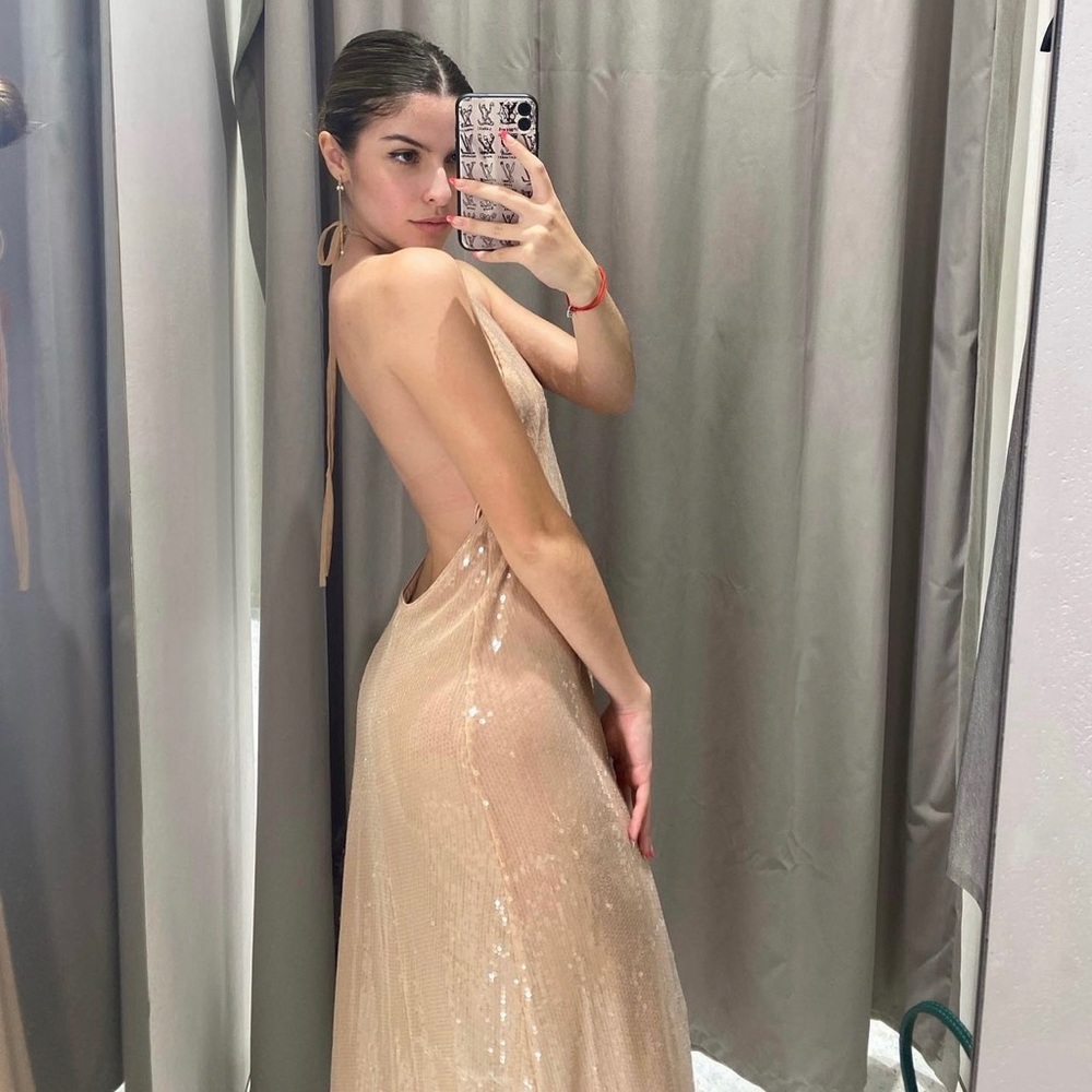 Zara Beige Pink Sequin Halter Dress